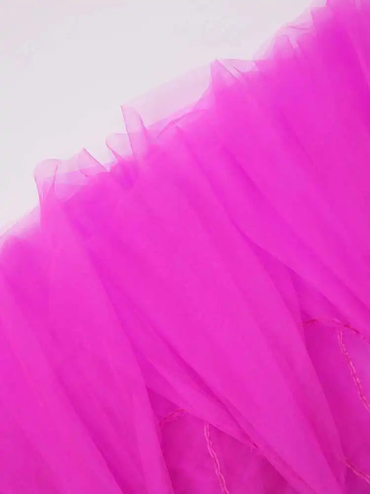 Women Purple Ruffles Mesh Perspective Big Size Long Dress New Round Neck Half Sleeve Fashion Spring Summer 2025 JR7711