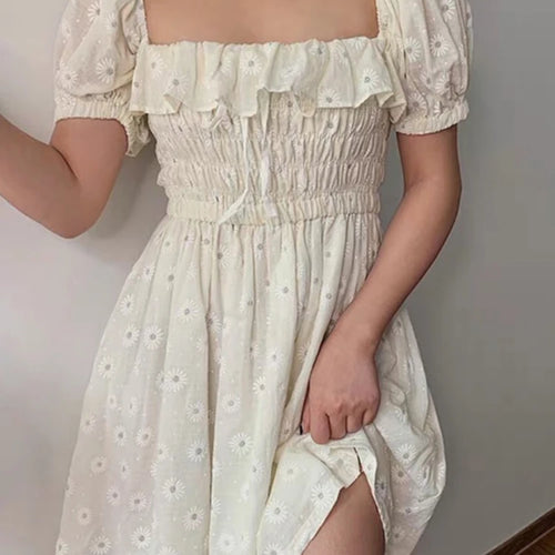 Load image into Gallery viewer, Ruffles Women Puffed Sleeves Dress Square Neck Bow Slim Waist Floral Dresses New Summer Princess Pleated Dresses
