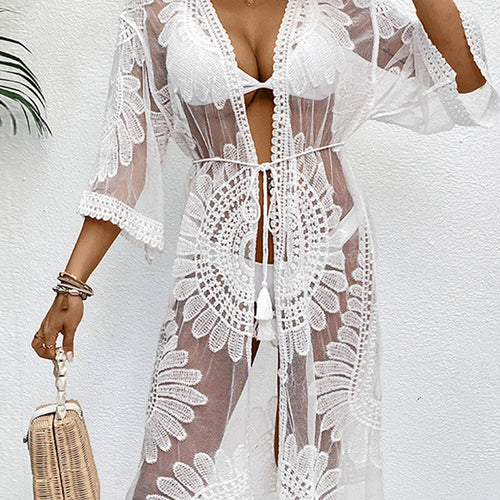 Load image into Gallery viewer, Sexy Embroidery Half Sleeve Chiffon Cardigan Tunic Beach Cover Up Cover-ups Beach Dress Beach Wear Beachwear Female Women V5510
