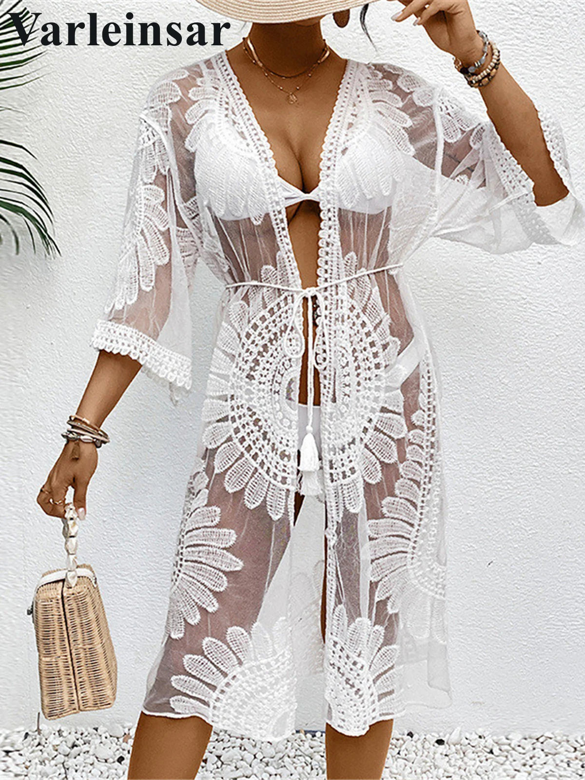 Sexy Embroidery Half Sleeve Chiffon Cardigan Tunic Beach Cover Up Cover-ups Beach Dress Beach Wear Beachwear Female Women V5510