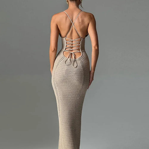 Load image into Gallery viewer, Hollow Out Backless Knit Dress For Women Spaghetti Strap Bandage Sleeveless Bodycon Club Party Sexy Long Dress Elegant
