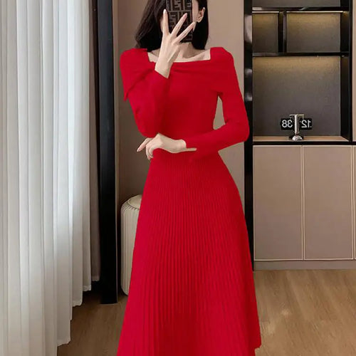 Load image into Gallery viewer, Black Elegant Long Sleeve Knit Dress Women Autumn Beige Bow French Fashion Slim Casual Ladies Midi Red Party Dresses Simplicity

