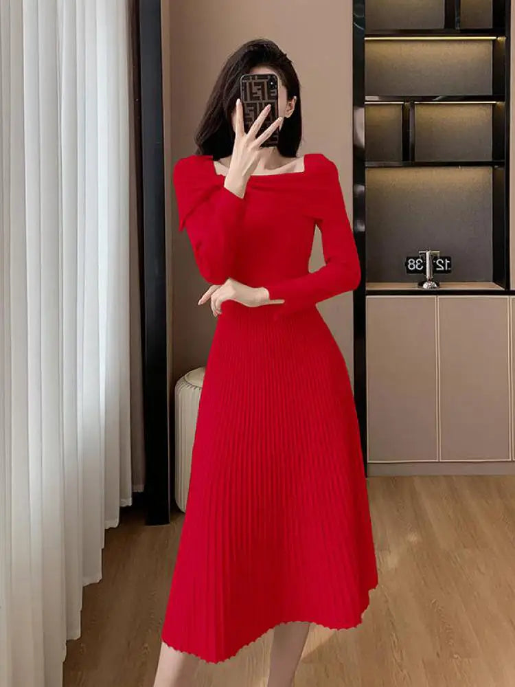 Black Elegant Long Sleeve Knit Dress Women Autumn Beige Bow French Fashion Slim Casual Ladies Midi Red Party Dresses Simplicity