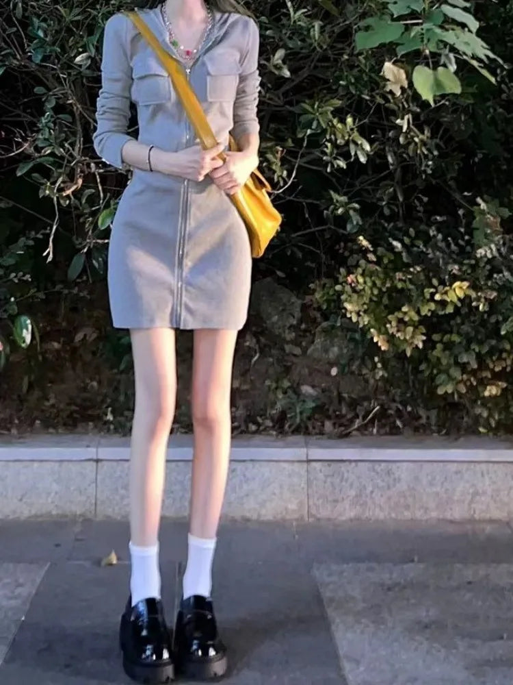Korean Zip Hooded Mini Dress Kpop Fashion Streetwear Bodycon Pockets Wrap Sport Mini Short Dresses Autumn