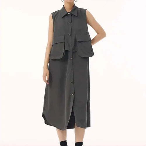 Load image into Gallery viewer, Women Black Shaped Pockets Big Size Midi Shirt Vest Dress New Lapel Sleeveless Fashion Tide Spring Autumn 2025 1DH9471
