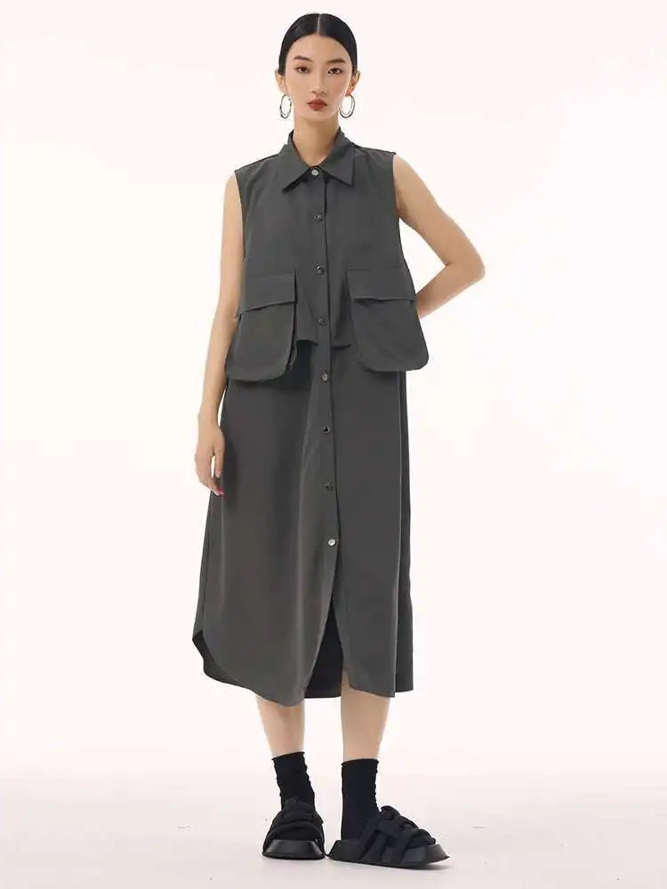 Women Black Shaped Pockets Big Size Midi Shirt Vest Dress New Lapel Sleeveless Fashion Tide Spring Autumn 2025 1DH9471