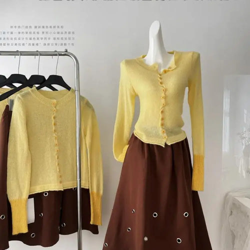 Load image into Gallery viewer, Vintage Women Brown A-line Long Skirts Spring Autumn Korean Fashion High Waist Elegant Hollow Out Simple Skirt Streetwear Trendy
