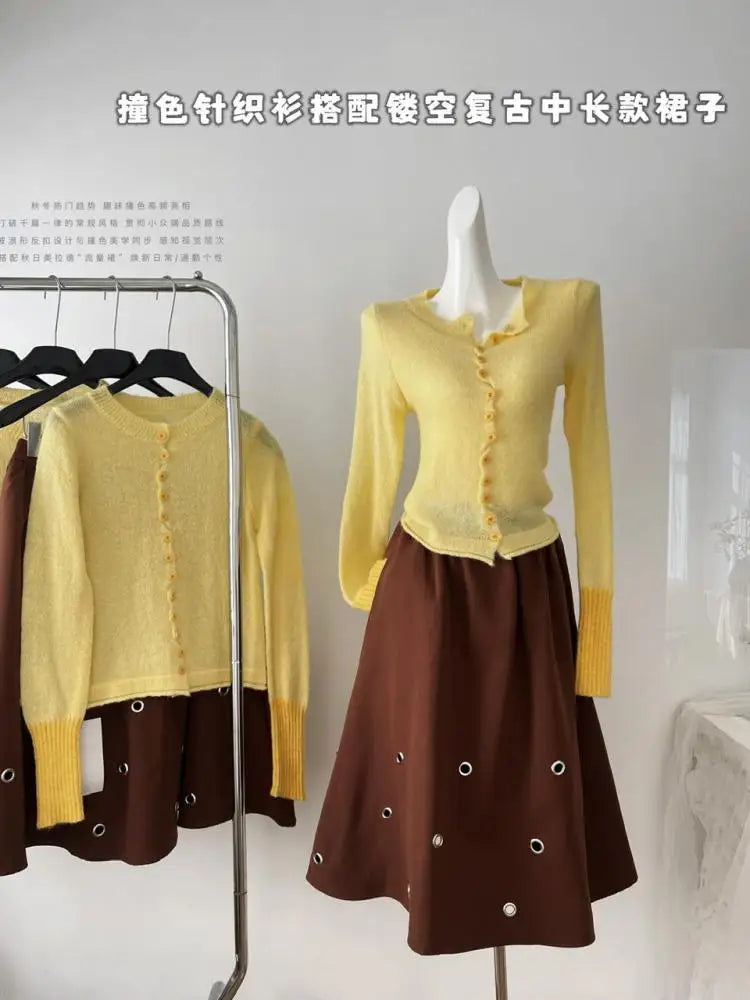 Vintage Women Brown A-line Long Skirts Spring Autumn Korean Fashion High Waist Elegant Hollow Out Simple Skirt Streetwear Trendy