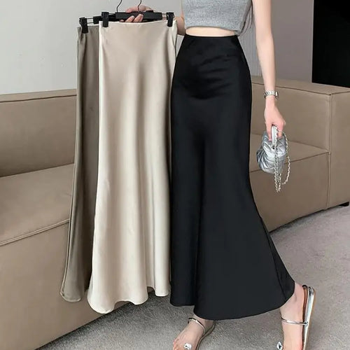 Load image into Gallery viewer, Women Vintage Korean Fashion 2025 Spring Summer New Black Beige Brown High Waist Vacation Wrapped Hip Fishtail Long Skirt Simple
