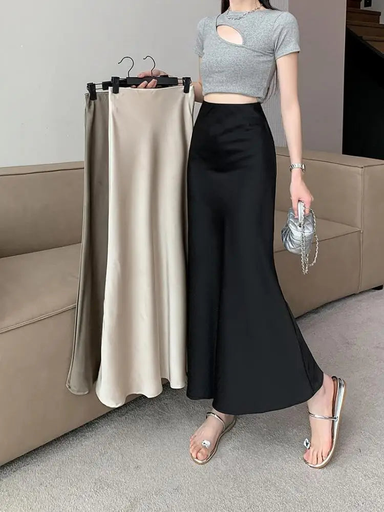 Women Vintage Korean Fashion 2025 Spring Summer New Black Beige Brown High Waist Vacation Wrapped Hip Fishtail Long Skirt Simple