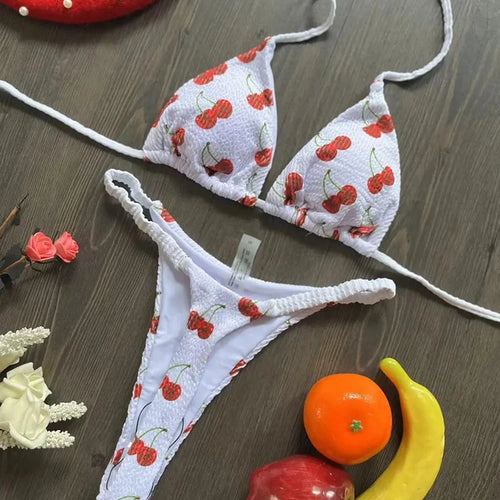 Load image into Gallery viewer, Thong Swimsuit Women Halter Micro Bikini Set 2024 Cherry Print Swimwear Biquini Brazilian Bathing Suit Beachwear
