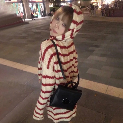 Load image into Gallery viewer, Japanese Y2k Hooded Cardigan 2000s Aesthetics Rabbit Ears Zipper Knitwear Vintage Harajuku Red Stripe Sweater Grunge
