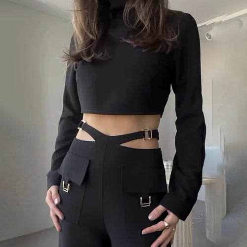 Load image into Gallery viewer, Fashion Button Long Pants Women Set New Stand Up Neck Long Sleeved Set Spicy Girl Strap Casual Set Street Two Piece Set
