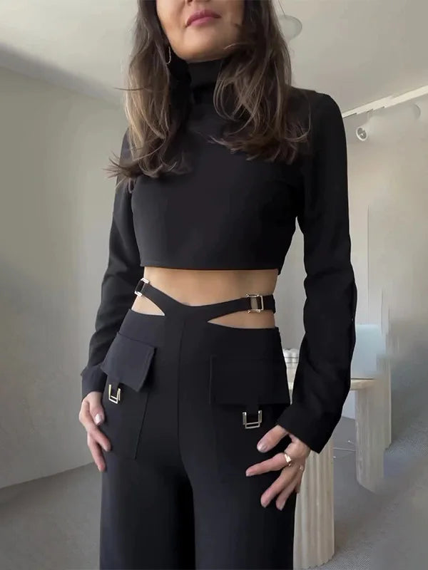 Fashion Button Long Pants Women Set New Stand Up Neck Long Sleeved Set Spicy Girl Strap Casual Set Street Two Piece Set