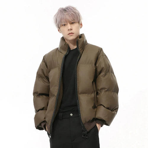Load image into Gallery viewer, Korean Style Men&#39;s Padded Jackets Stand Collar Big Zipper PU Leather Solid Color Thickened Loose Male Cotton Coats 9C9345
