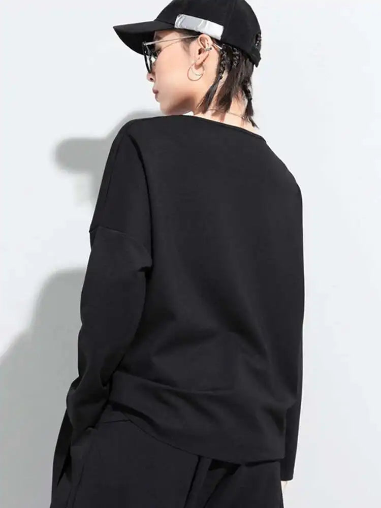 Women Black Bandage Bow Irregular Big Size T-shirt New Round Neck Long Sleeve  Fashion Tide  Spring Autumn 2025 1DC671