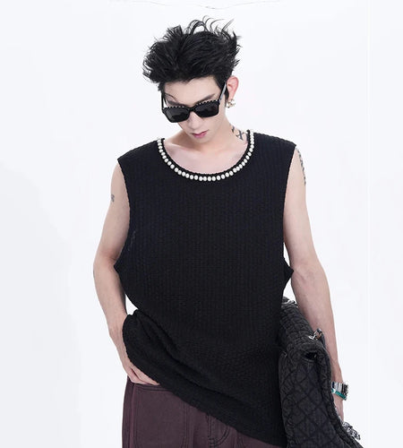 Summer Men's Wear Pearl Vest Basic Loose T-shirt Solid Color Round Neck Sleeveless Male Tops Korea Fashion 24E1060