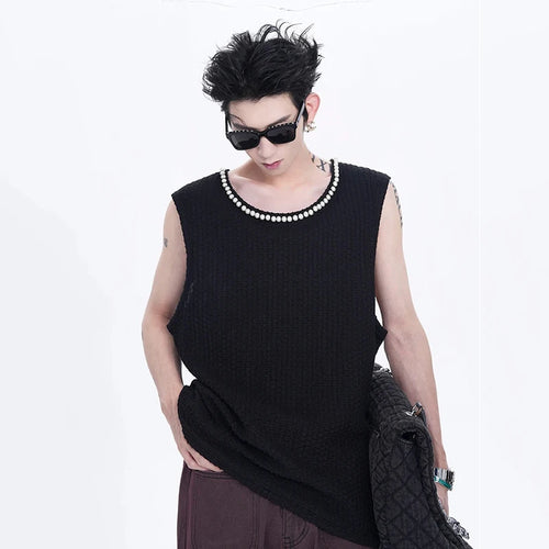 Load image into Gallery viewer, Summer Men&#39;s Wear Pearl Vest Basic Loose T-shirt Solid Color Round Neck Sleeveless Male Tops Korea Fashion 24E1060
