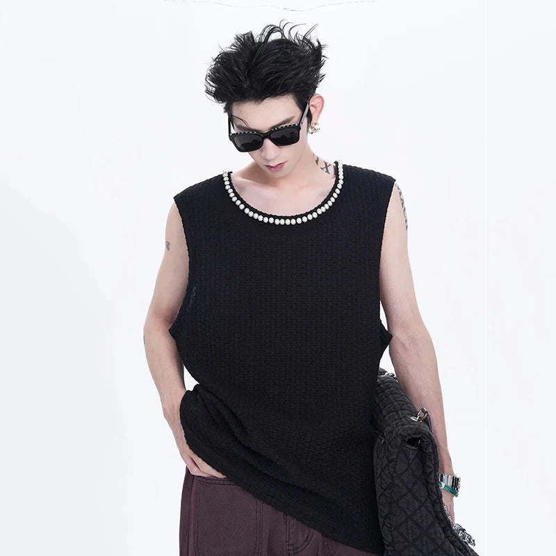 Summer Men's Wear Pearl Vest Basic Loose T-shirt Solid Color Round Neck Sleeveless Male Tops Korea Fashion 24E1060