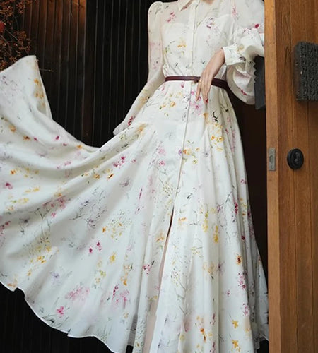 Hit Color Printing Loose Casual Dresses For Women Lapel Long Sleeve High Waist  Temperament Long Dress Female New