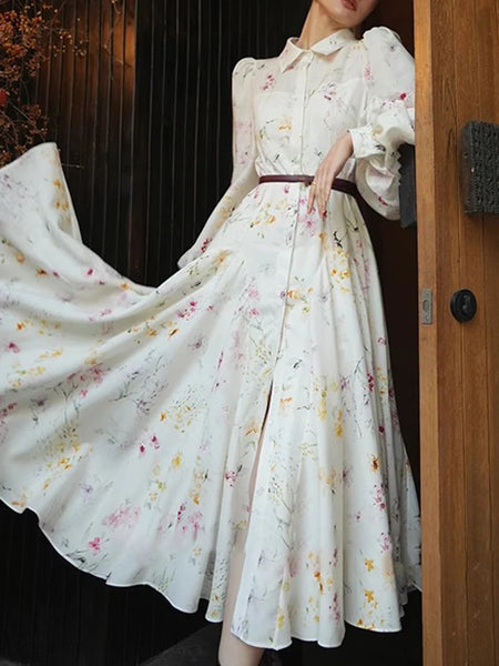 Hit Color Printing Loose Casual Dresses For Women Lapel Long Sleeve High Waist  Temperament Long Dress Female New