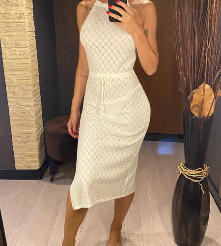 Halter Backless High Leg Cut Crochet Knitted Tunic Beach Cover Up Cover-ups Beach Dress Beach Wear Beachwear Female Women V5753