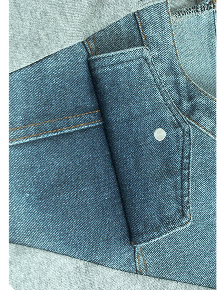 Women Gray Denim Color-block Big Size Casual T-shirt New Round Neck Short Sleeve Fashion Tide Spring Summer 2025 1DJ1354