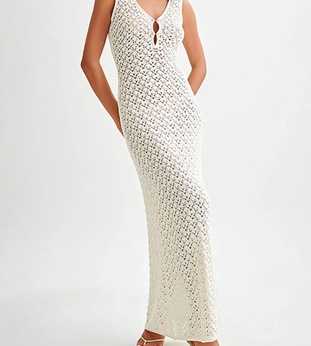 V Neck Sleeveless Hollow Out Knitted Beach Cover Up Crochet Cover-ups Beach Long Dress Beach Wear Elegant Beachwear Women V6106