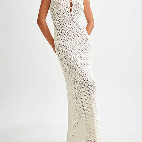 Load image into Gallery viewer, V Neck Sleeveless Hollow Out Knitted Beach Cover Up Crochet Cover-ups Beach Long Dress Beach Wear Elegant Beachwear Women V6106
