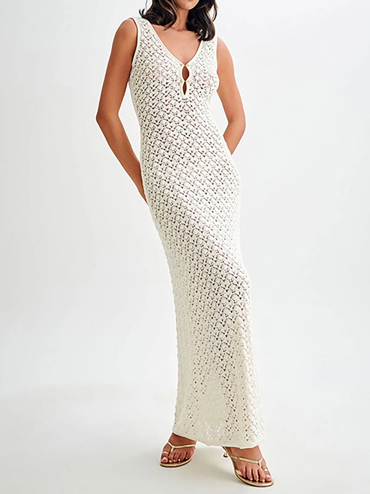 V Neck Sleeveless Hollow Out Knitted Beach Cover Up Crochet Cover-ups Beach Long Dress Beach Wear Elegant Beachwear Women V6106