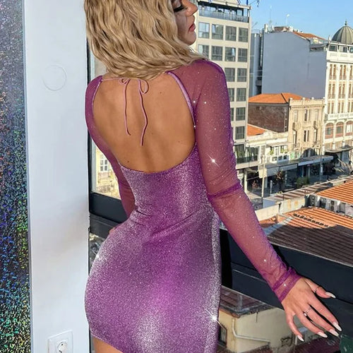 Load image into Gallery viewer, Summer New Fashionable Sparkling Spliced Mesh Dress Women Elegance Showcasing Long Sleeve Hip Wrap Skirt Paty Clubwear
