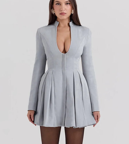 Gray Long Sleeve Sexy Mini Dress Women Solid V Neck High Waist A-line Club Party Pleated Sexy Dress Elegant Clubwear