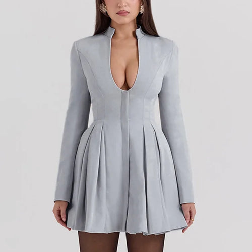 Load image into Gallery viewer, Gray Long Sleeve Sexy Mini Dress Women Solid V Neck High Waist A-line Club Party Pleated Sexy Dress Elegant Clubwear
