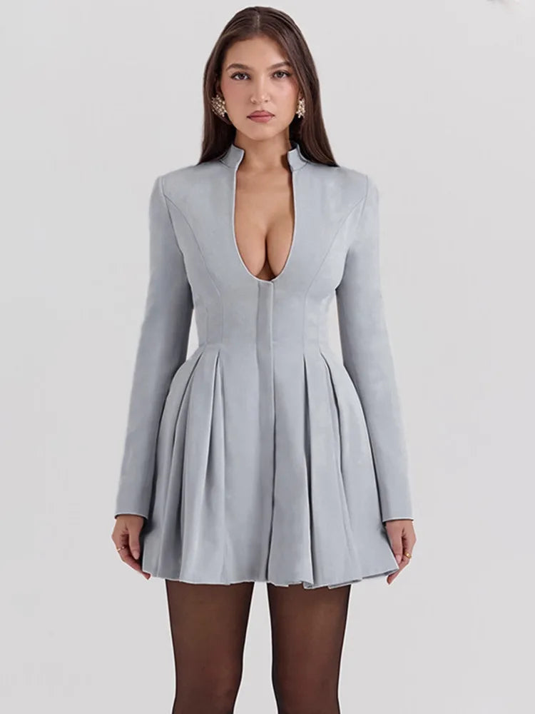Gray Long Sleeve Sexy Mini Dress Women Solid V Neck High Waist A-line Club Party Pleated Sexy Dress Elegant Clubwear