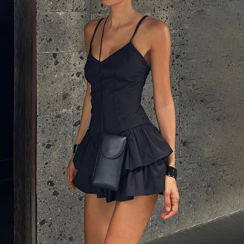 Summer Strap Black Chic Folds Satin Dress Mini Fashion Elegant Party Sexy Pleated Dresses Female Ruffles Double-Layer