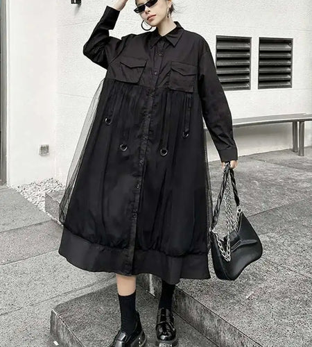 Women White Mesh Ribbons Pocket Big Size Midi Shirt Dress New Lapel Long Sleeve Fashion Tide Spring Autumn 2025 1DH8647