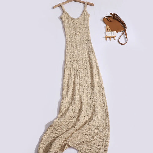 Load image into Gallery viewer, Summer French Beige Elegant Hollow Out Button Knitted Long Dress Women Fashion Temperament Sleeveless Backless Dress 2024 Simple
