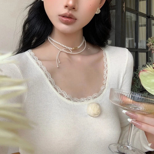 Load image into Gallery viewer, y2k Clothes Tops Women 3D Flower Lace Trim Round Neck Long Sleeve Ribbed T Shirt 2000s Aesthetic Clothing Streetwear
