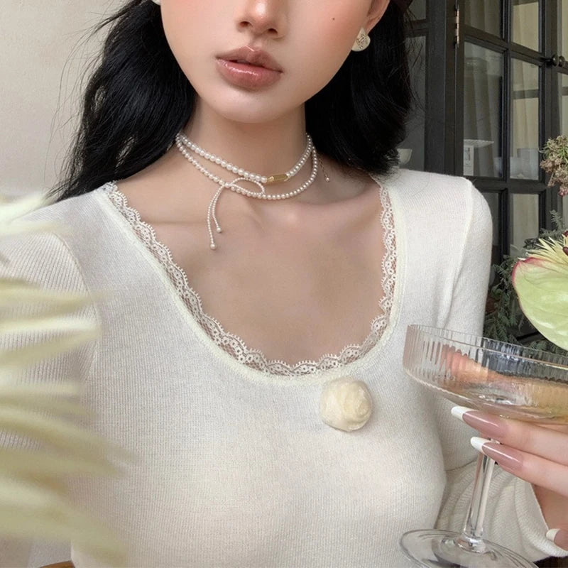 y2k Clothes Tops Women 3D Flower Lace Trim Round Neck Long Sleeve Ribbed T Shirt 2000s Aesthetic Clothing Streetwear