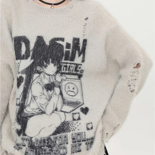 Load image into Gallery viewer, Cartoon Jacquard Japanese Grunge Sweater Women Gothic Vintage Ripped Y2k Aesthetic Jumper Streetwear Oversize Hiphop Pullover
