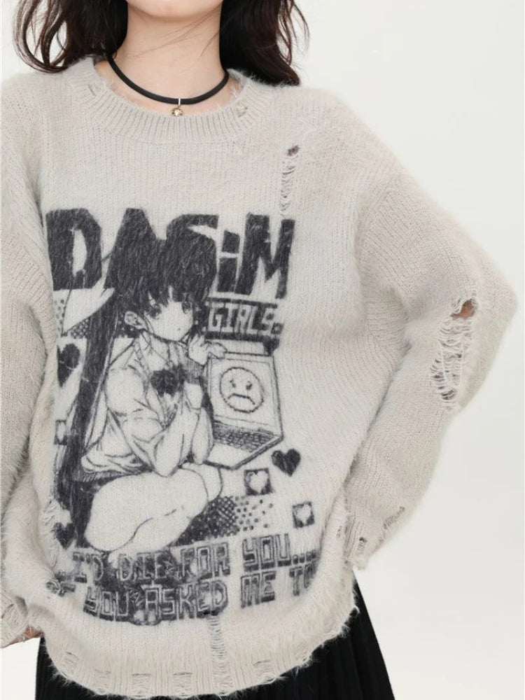 Cartoon Jacquard Japanese Grunge Sweater Women Gothic Vintage Ripped Y2k Aesthetic Jumper Streetwear Oversize Hiphop Pullover