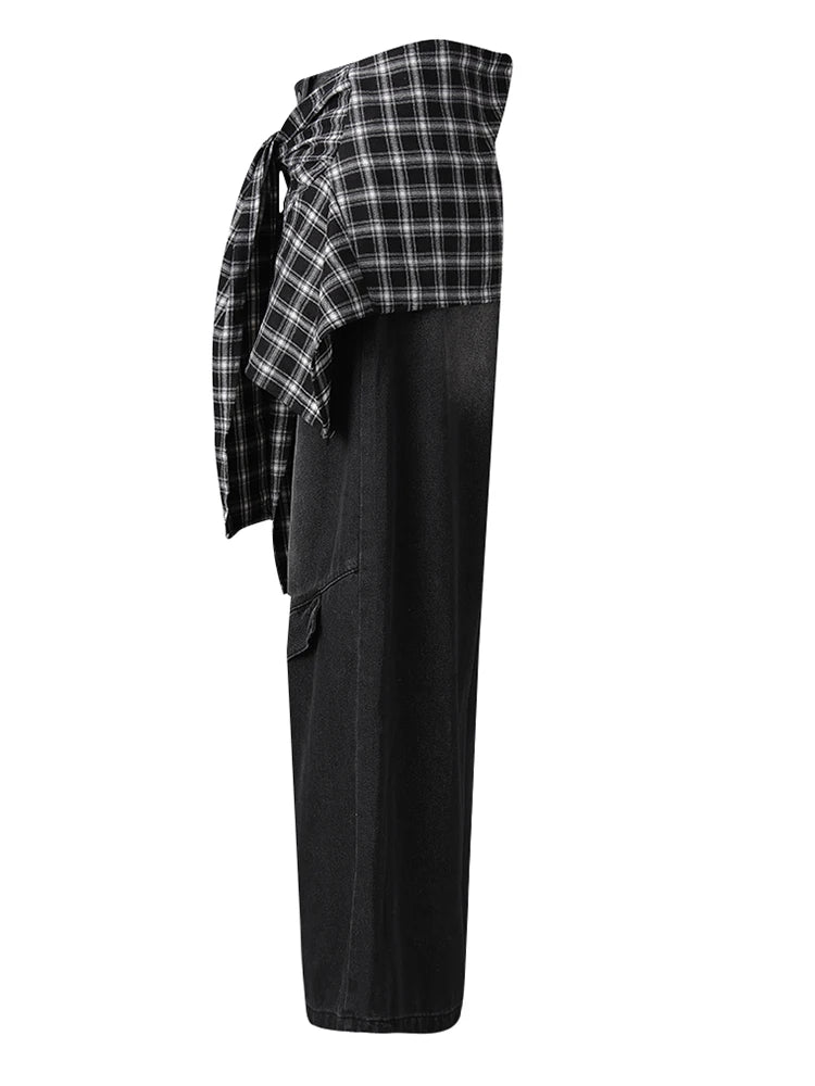 High Waist Blue Denim Plaid Bandage Casual Wide Leg Jeans New Women Trousers Fashion Tide Spring Autumn 2025 CPG3008