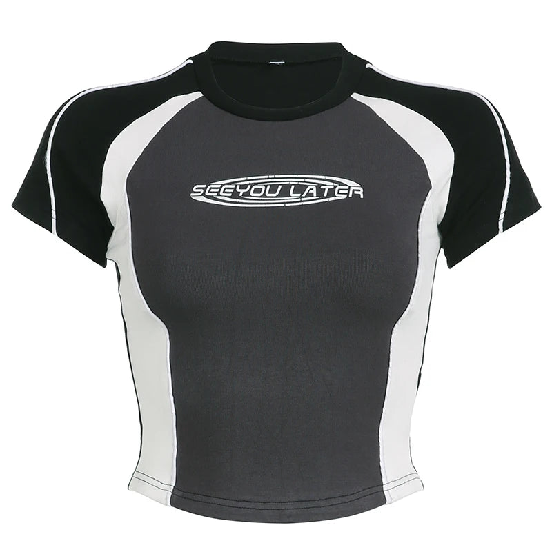 Streetwear Bikercore Letter Stripe Spliced Bodycon Crop Top Women Tee Shirt Casual Stitch Summer Tshirts Contrast