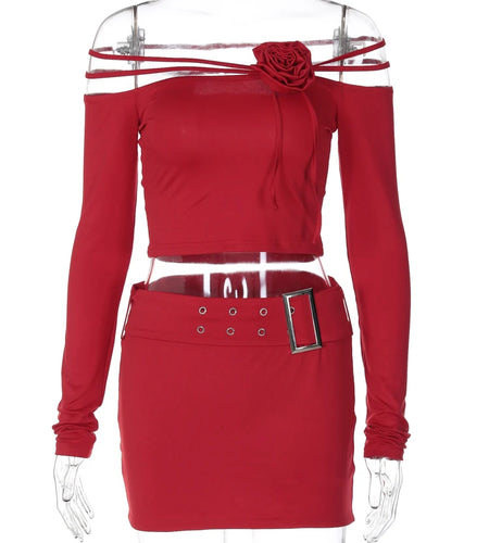 Women 2 Pcs Sets Solid Long Sleeve Tie Flowers Lace Up Sexy Crop Top Belt Skirt Winter Elegant Outfits Party Festival