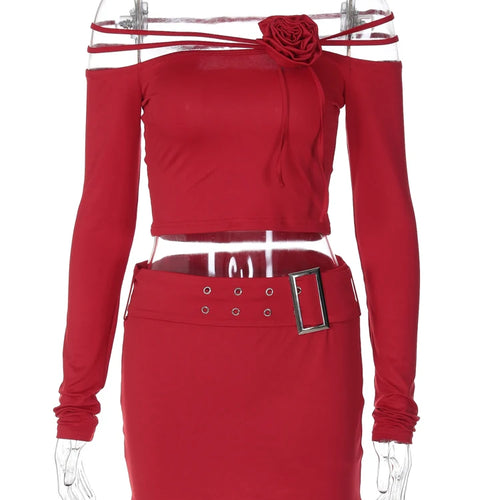 Load image into Gallery viewer, Women 2 Pcs Sets Solid Long Sleeve Tie Flowers Lace Up Sexy Crop Top Belt Skirt Winter Elegant Outfits Party Festival
