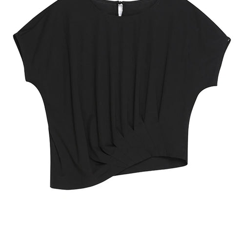Load image into Gallery viewer, Women Black Irregular Pleated Big Size Casual T-shirt New Round Neck Short Sleeve Fashion Tide Spring Summer 2025 1DJ1755
