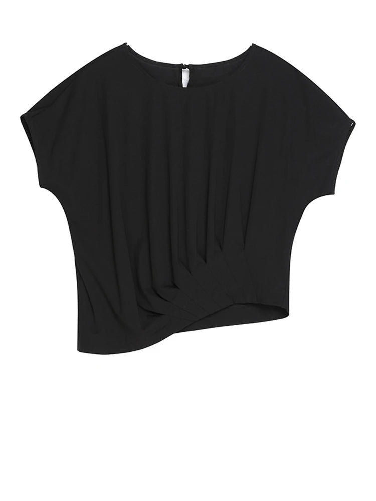 Women Black Irregular Pleated Big Size Casual T-shirt New Round Neck Short Sleeve Fashion Tide Spring Summer 2025 1DJ1755