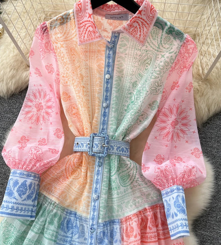 Spring Autumn 2025 New Women Fashion Rainbow Print Elegant Shirt Long Dresses Vintage Single Breasted Party Dress Bohemian Trend