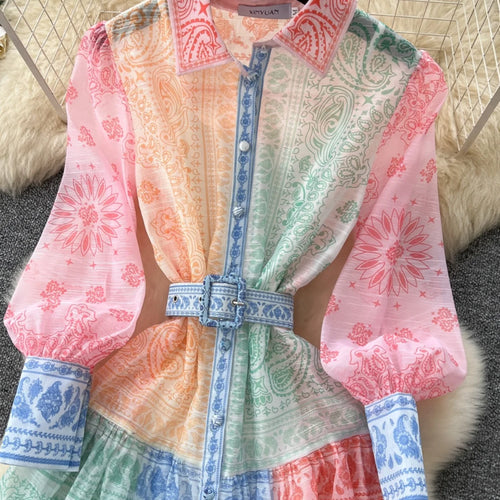 Load image into Gallery viewer, Spring Autumn 2025 New Women Fashion Rainbow Print Elegant Shirt Long Dresses Vintage Single Breasted Party Dress Bohemian Trend
