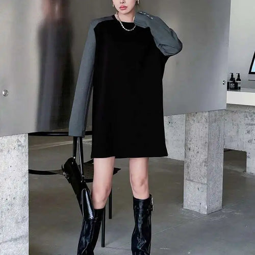 Load image into Gallery viewer, Women Black Color-block Blazer Fabric Elegant Mini Dress New Round Neck Long Sleeve Fashion Spring Autumn 2025 1DH9822
